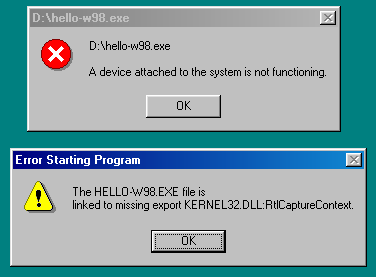 The HELLO-W98.EXE file is linked to missing export KERNEL32.DLL:RtlCaptureContext.