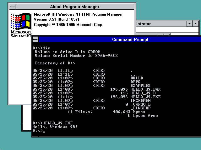 'Hello Windows 98!' on Windows NT 3.51