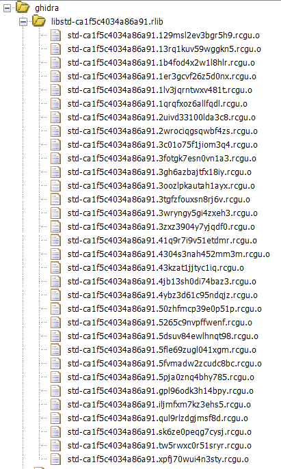 Ghidra project listing, showing all 32 added object files inside the rlib
