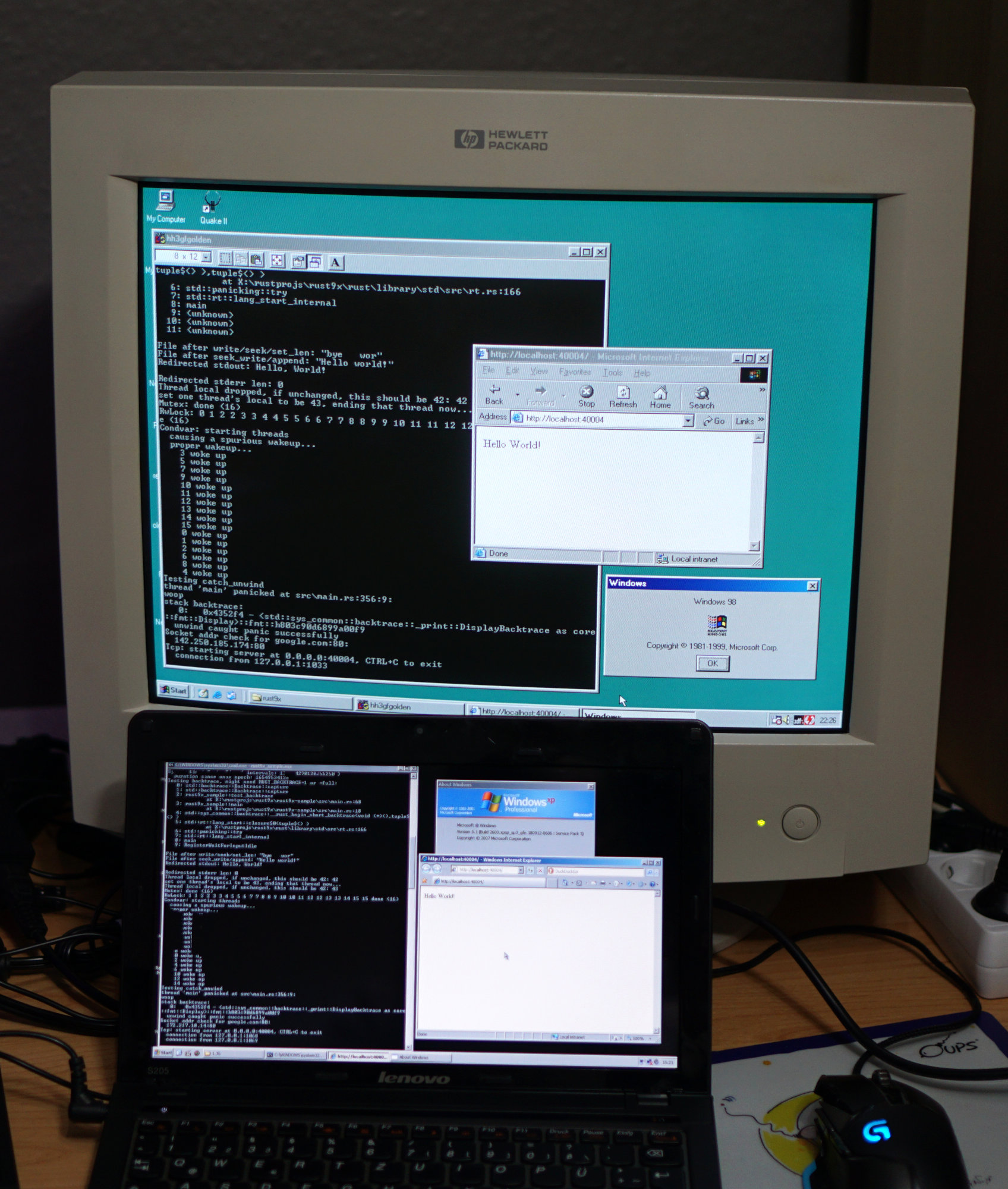 Picture of the sample program running on a Windows 98 SE PC and aWindows XP laptop